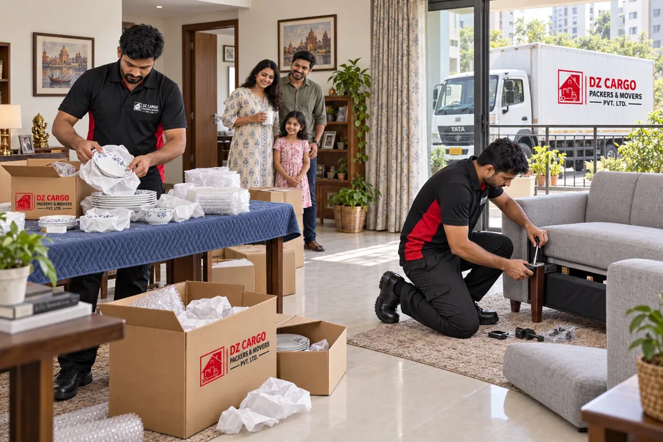 DZ Cargo branded illustration of unpacking home