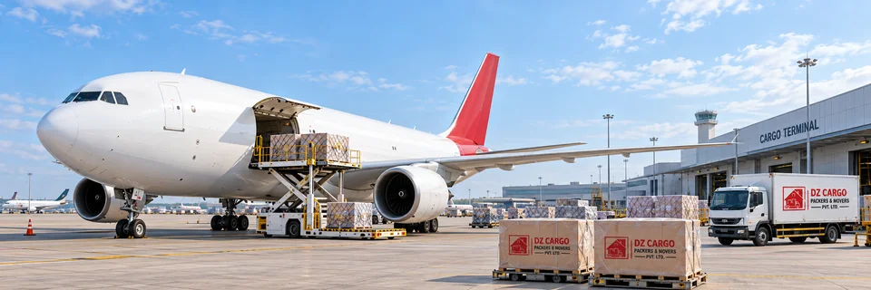 International moving illustration with a cargo airplane and DZ Cargo shipment crates