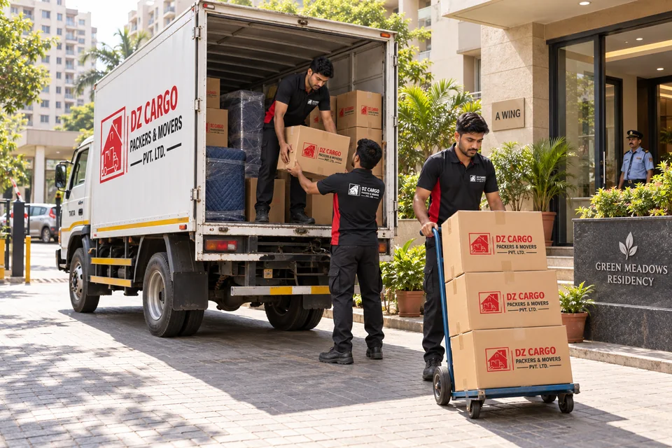 Illustration of a DZ Cargo moving team at an Indian residential delivery address