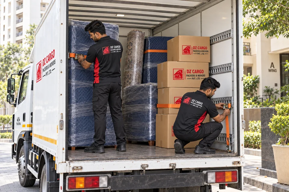 Illustration of DZ Cargo crew securing packed belongings inside a moving truck
